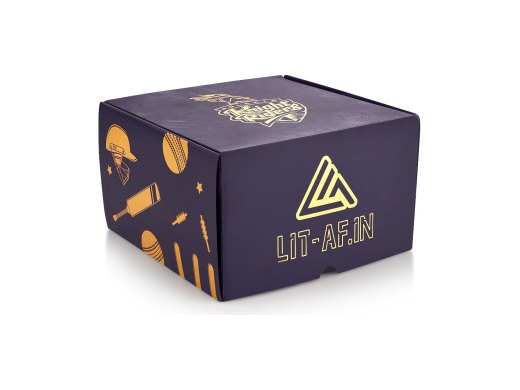 Dark printed corrugated mailer box with metallic-look artwork